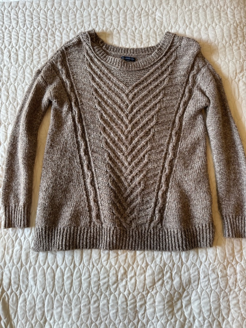 American Eagle Outfitters Taupe Cable-Knit Crew Sweater